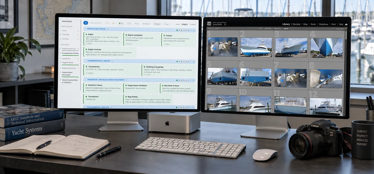 Illustrative workstation showing survey documentation and yacht inspection photographs on two monitors