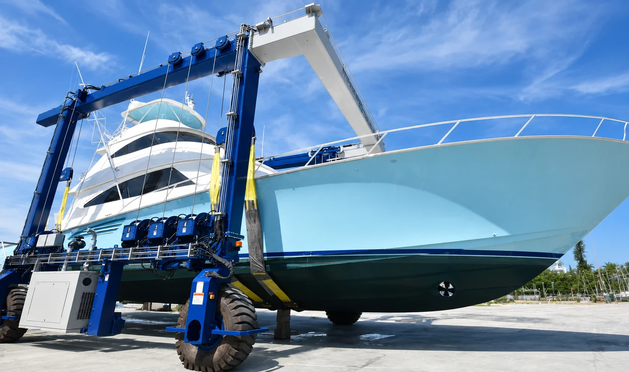 Sportfishing yacht hauled out for access to the hull and underwater machinery