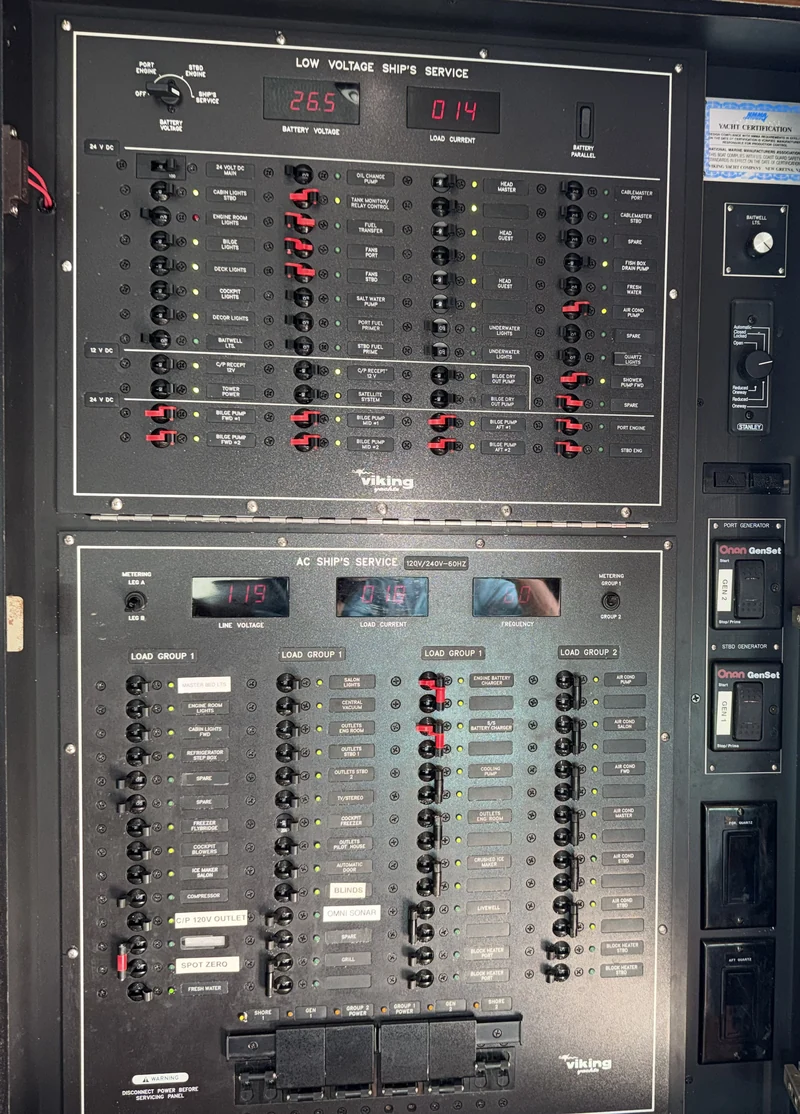 Yacht AC and DC electrical distribution panels.