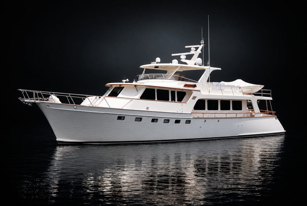 White motor yacht with its reflection on dark water.