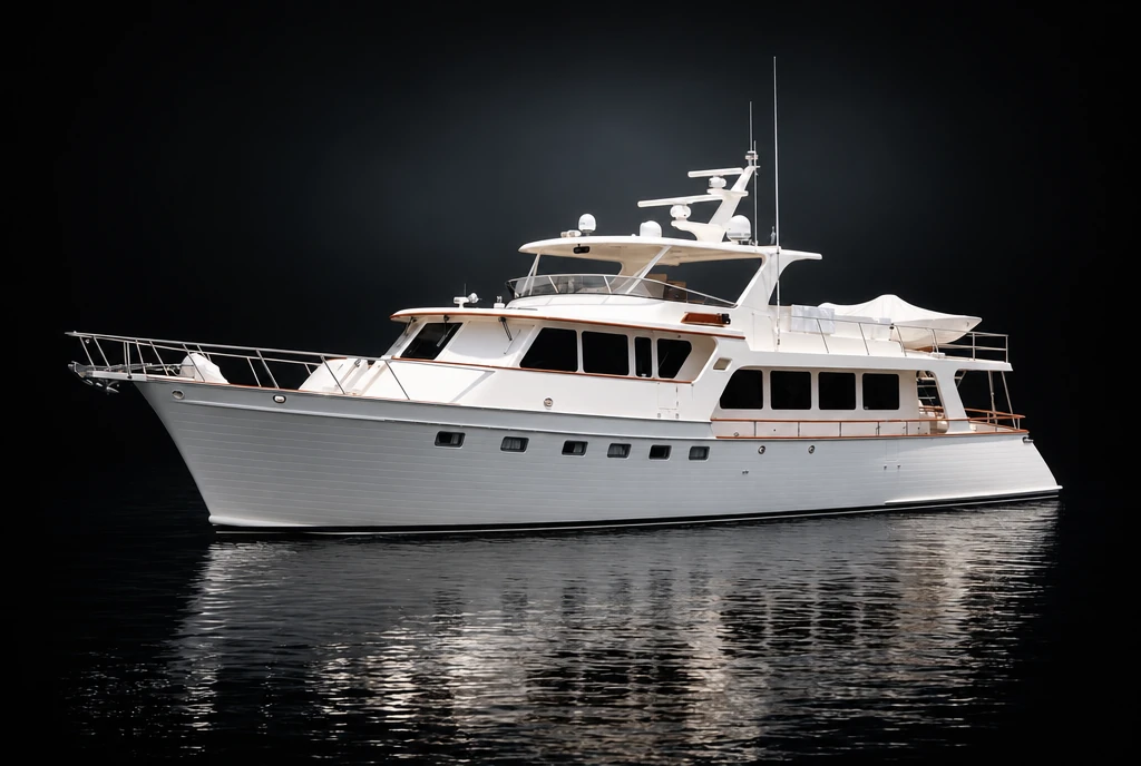 White motor yacht with its reflection on dark water.