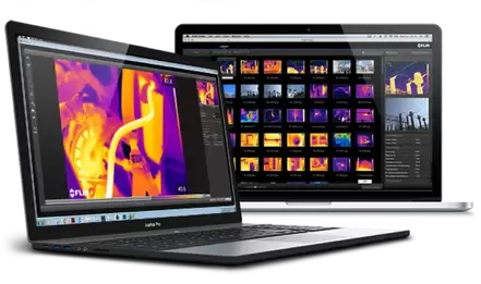 FLIR analysis software displaying a thermogram and a collection of inspection images on two screens.