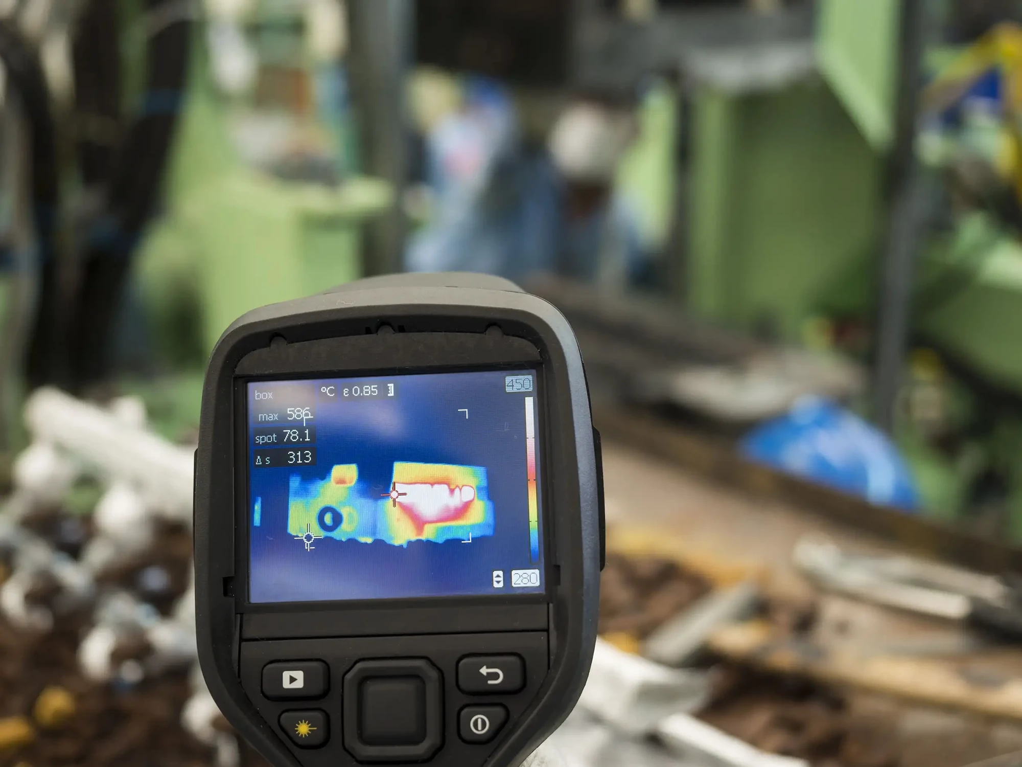 Thermal imaging camera displaying machinery temperature patterns in an engine room.