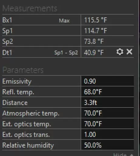 Fire-pump temperature measurements and acquisition parameters; key values appear in the adjacent table.