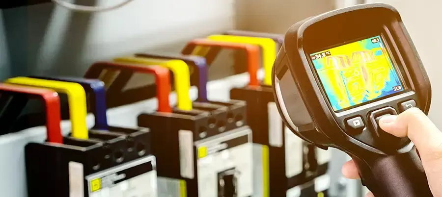 Thermal camera directed at electrical switching equipment and conductors.