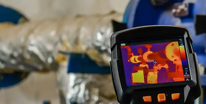 Thermal camera displaying machinery temperature patterns beside pipework.