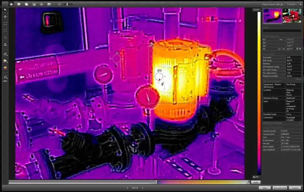 Fire-pump thermogram with box and spot measurement markers, temperature scale, and analysis software panel.