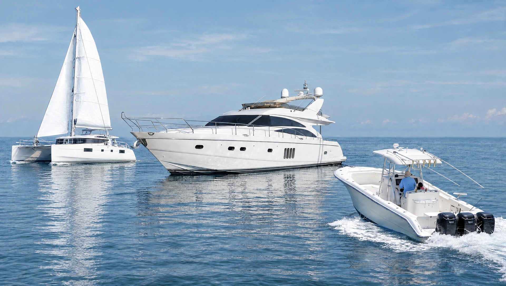 Sailing catamaran, motor yacht, and center console with multiple outboard engines on blue water.